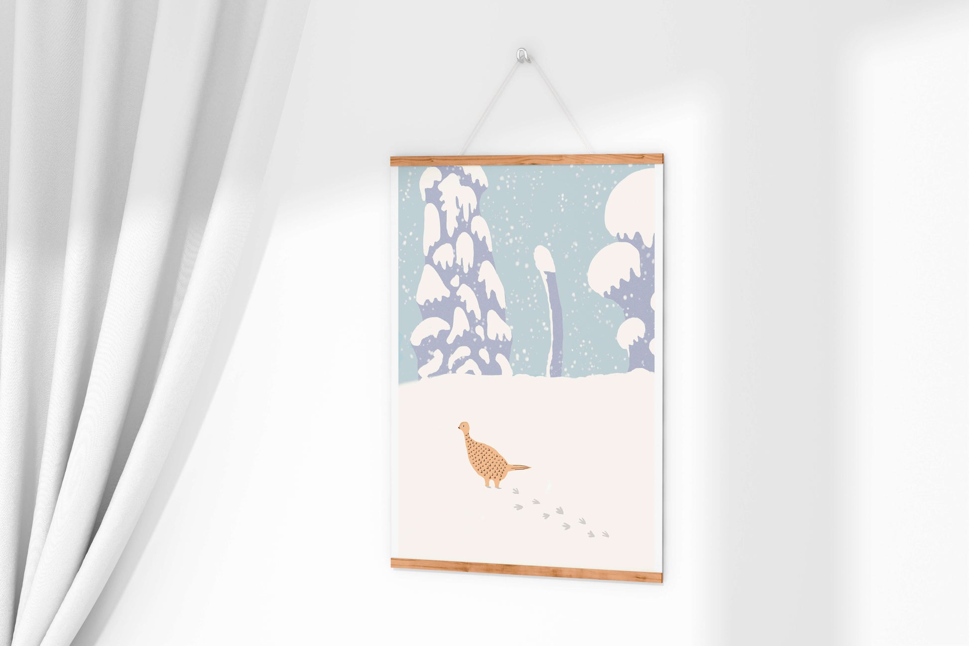 Winter landscape with pheasant walking through snowy forest