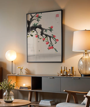 Asian ink painting featuring cherry blossoms on a textured background
