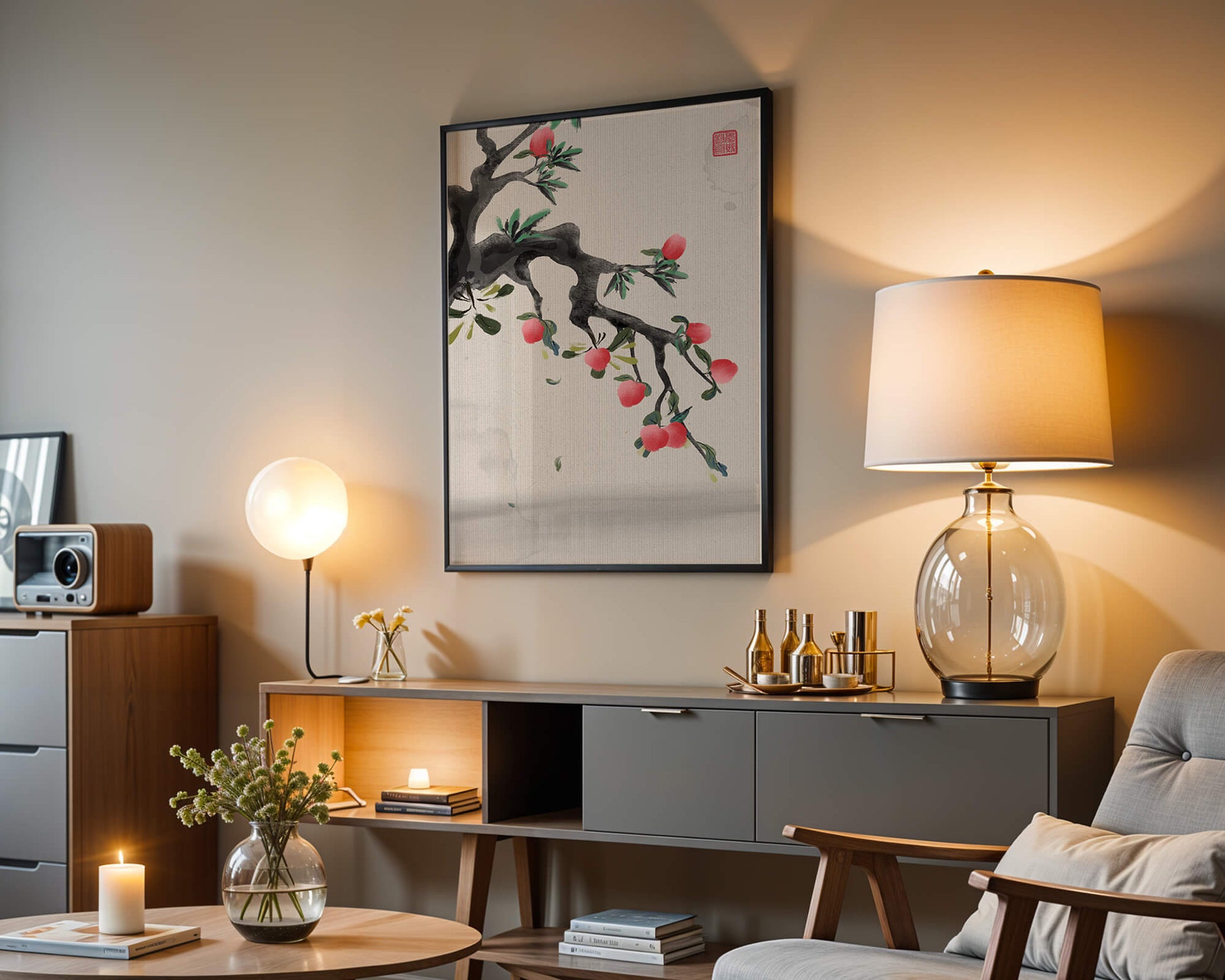 Asian ink painting featuring cherry blossoms on a textured background