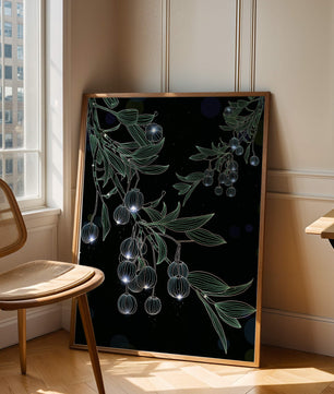 Elegante botanische Illustration mit leuchtenden Früchten und Blättern