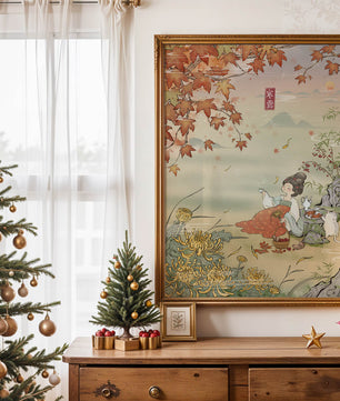 Traditional Chinese painting with autumn scenery and lady sipping tea