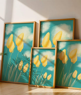 Stylized yellow tulips against a cloudy blue sky background