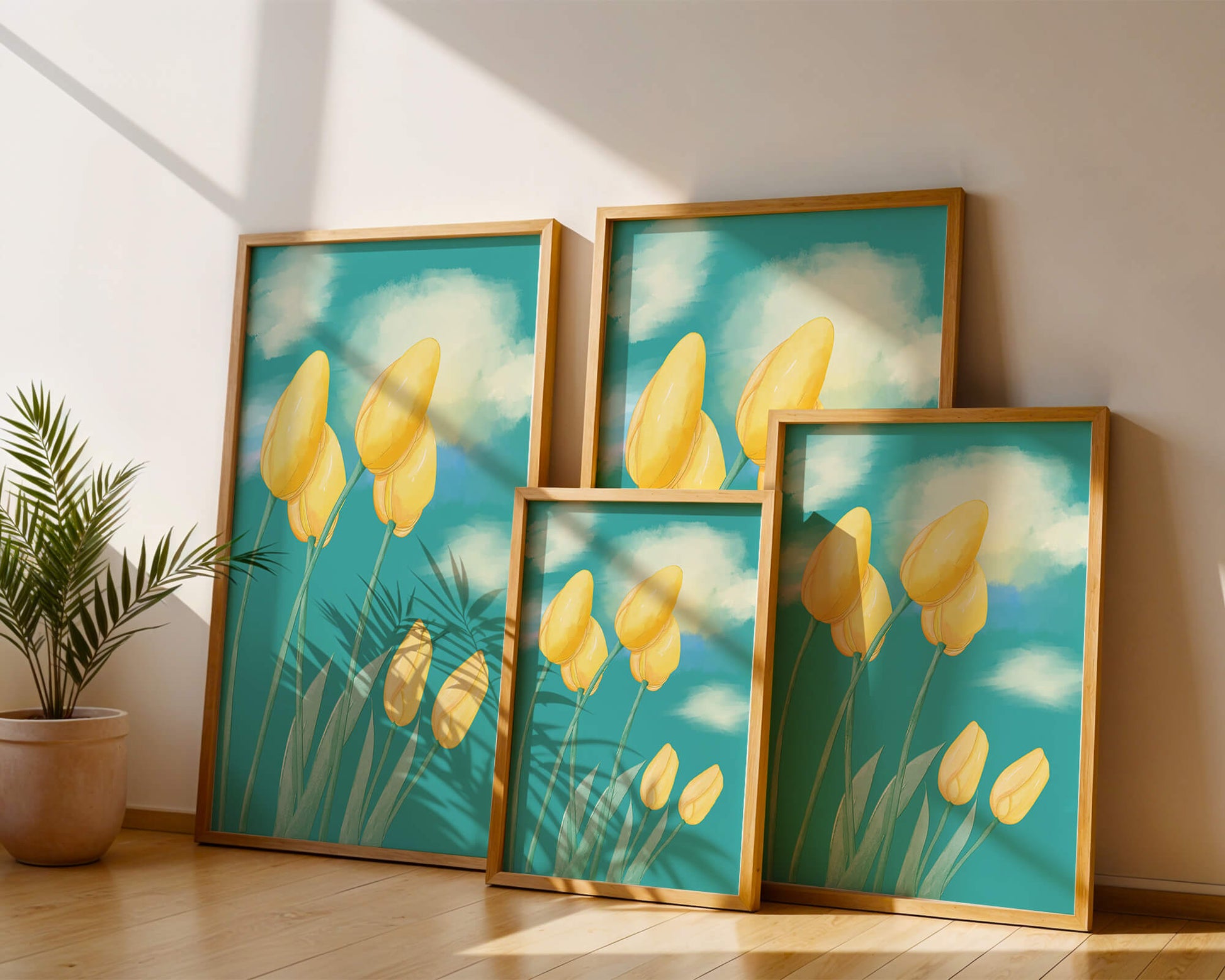 Stylized yellow tulips against a cloudy blue sky background
