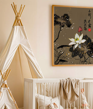 Elegant oriental floral art with gold accents and calligraphy