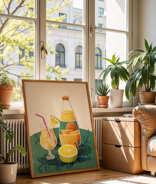 Ilustración colorida de bebidas cítricas con botella y vaso