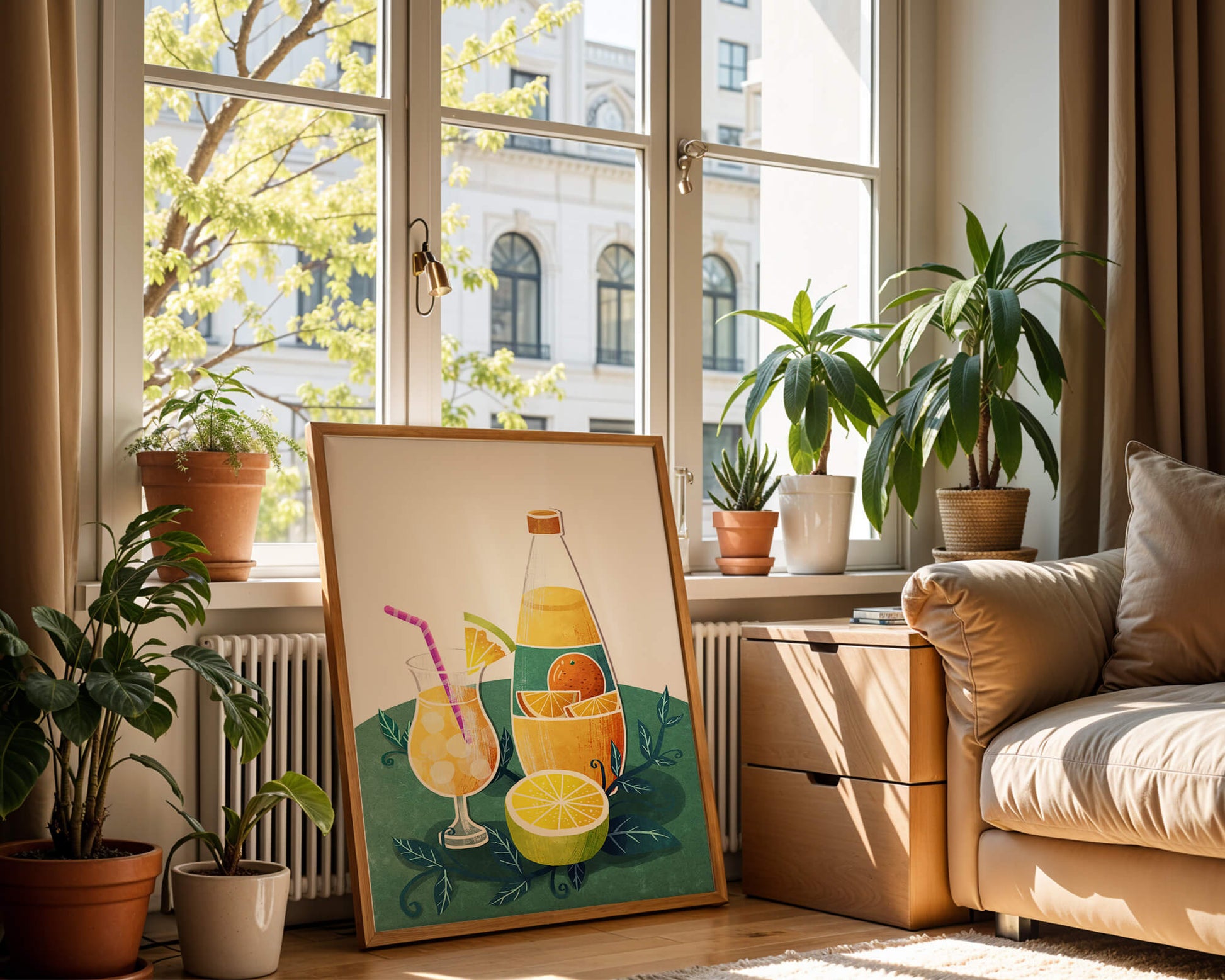 Colorful illustration of citrus drinks with bottle and glass