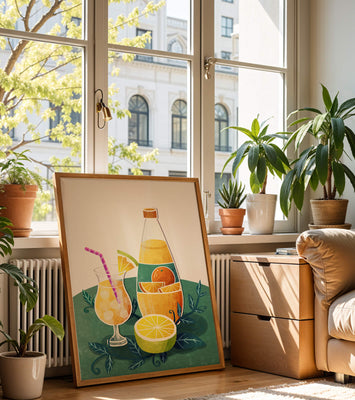 Colorful illustration of citrus drinks with bottle and glass