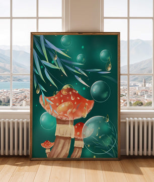Whimsical forest scene with mushrooms and glowing bubbles