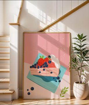 Bunte Dessertillustration mit Erdbeeren und Blaubeeren auf pastellfarbenem Hintergrund