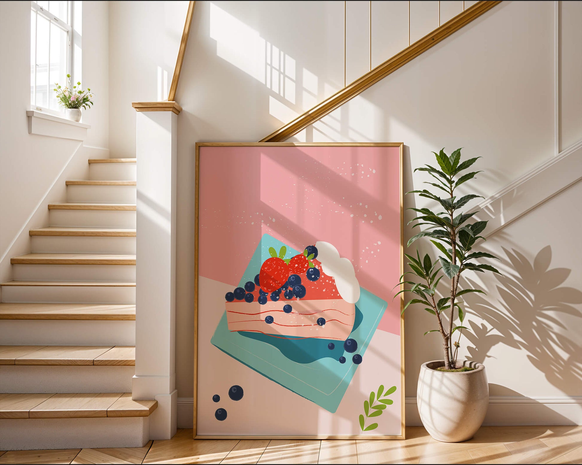 Bunte Dessertillustration mit Erdbeeren und Blaubeeren auf pastellfarbenem Hintergrund