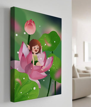 Charming fairy sitting on a blooming pink lotus in a magical garden