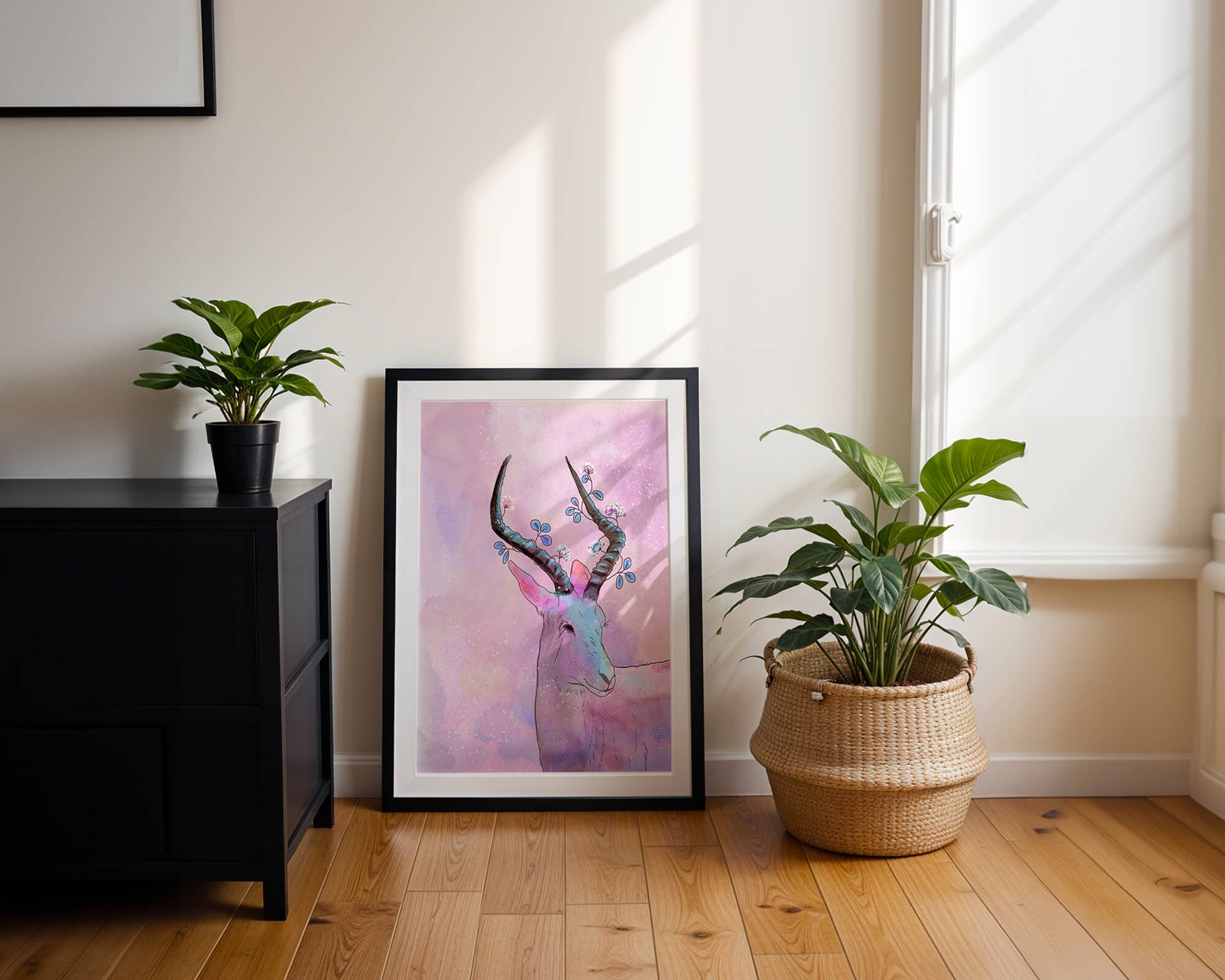 Pastel watercolor illustration of antelope with floral horns