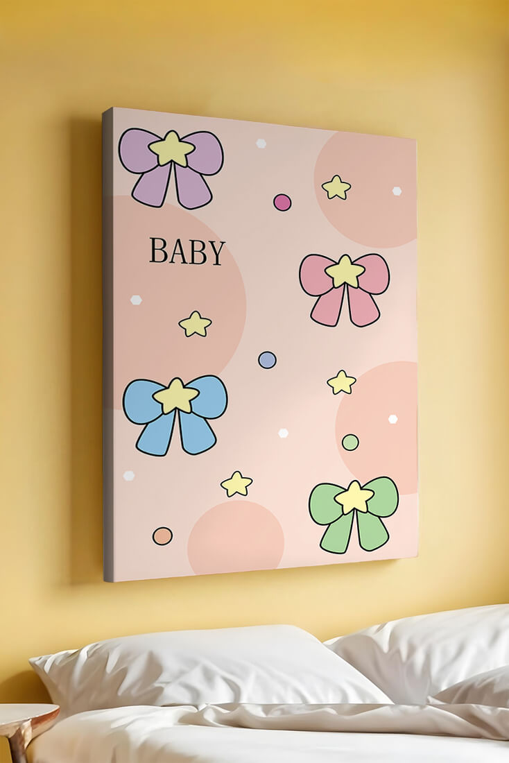 Colorful baby-themed backdrop with bows and stars