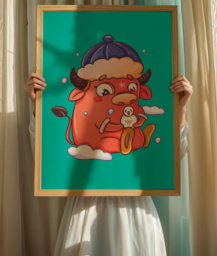 Winter cow cartoon with snowman on turquoise background