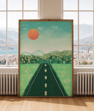 Serene Landscape with Road Leading to Sunset and Lush Greenery