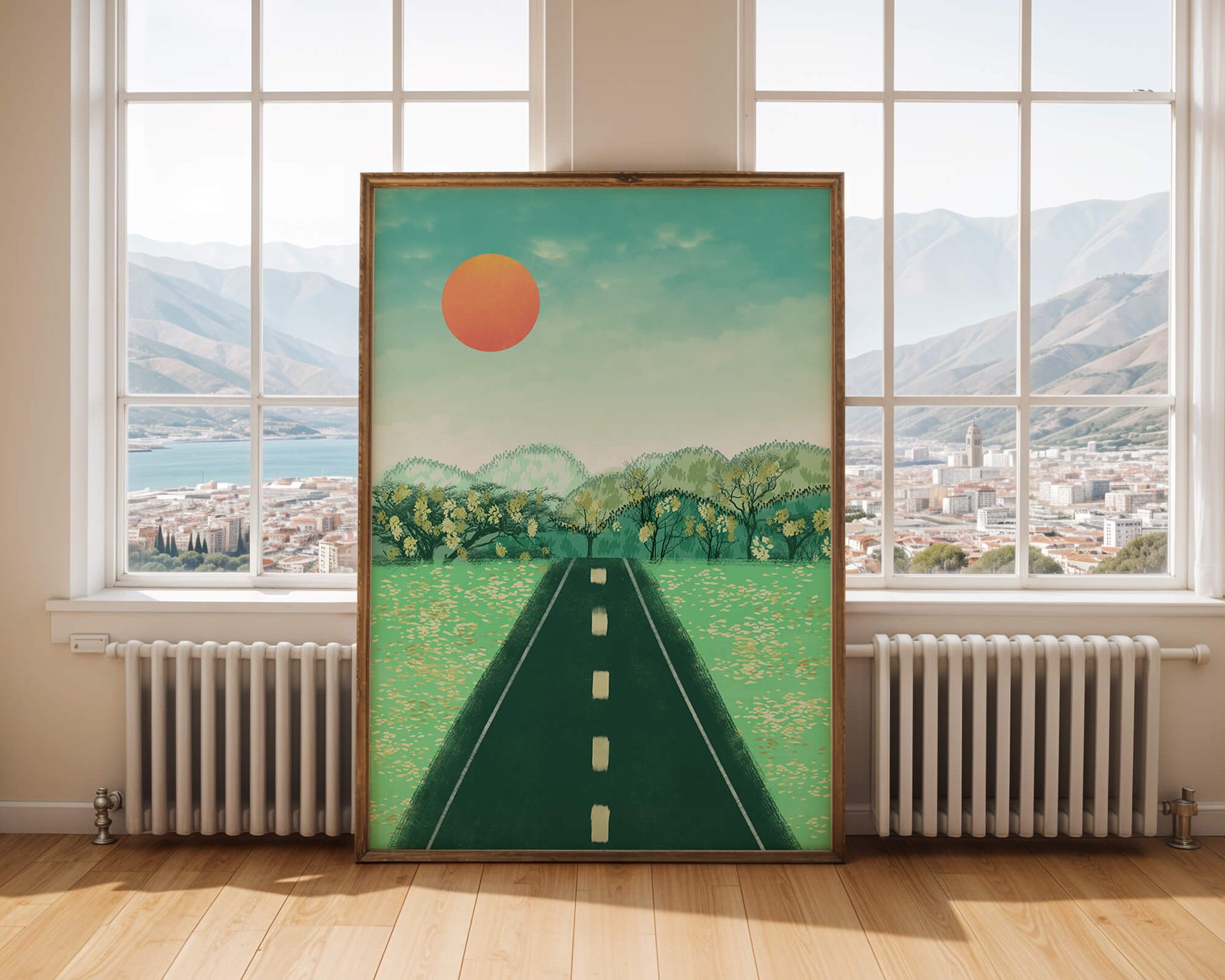 Serene Landscape with Road Leading to Sunset and Lush Greenery