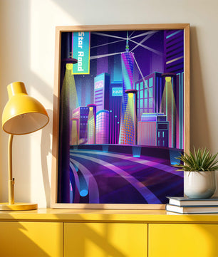 Futuristic Neon Cityscape with Illuminated Skyscrapers and Curved Road