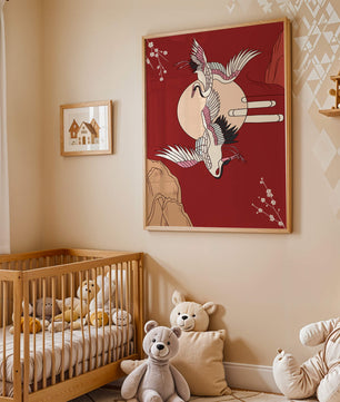 Elegant Asian-inspired artwork featuring flying cranes and cherry blossoms
