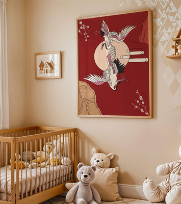 Elegant Asian-inspired artwork featuring flying cranes and cherry blossoms