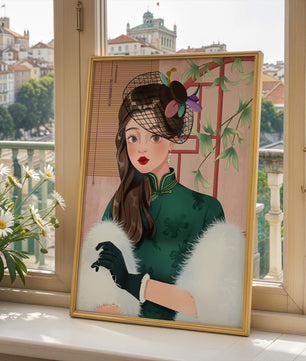 Elegant woman in vintage attire with netted hat and floral elements