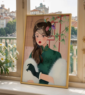 Elegant woman in vintage attire with netted hat and floral elements