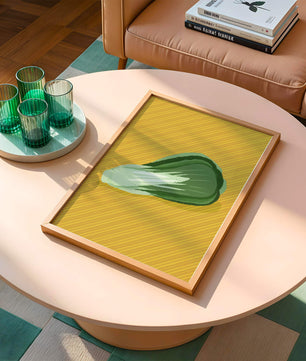 Illustrated bok choy on vibrant yellow background with stripes