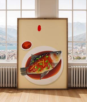 Illustration of a colorful fish dish with garnish