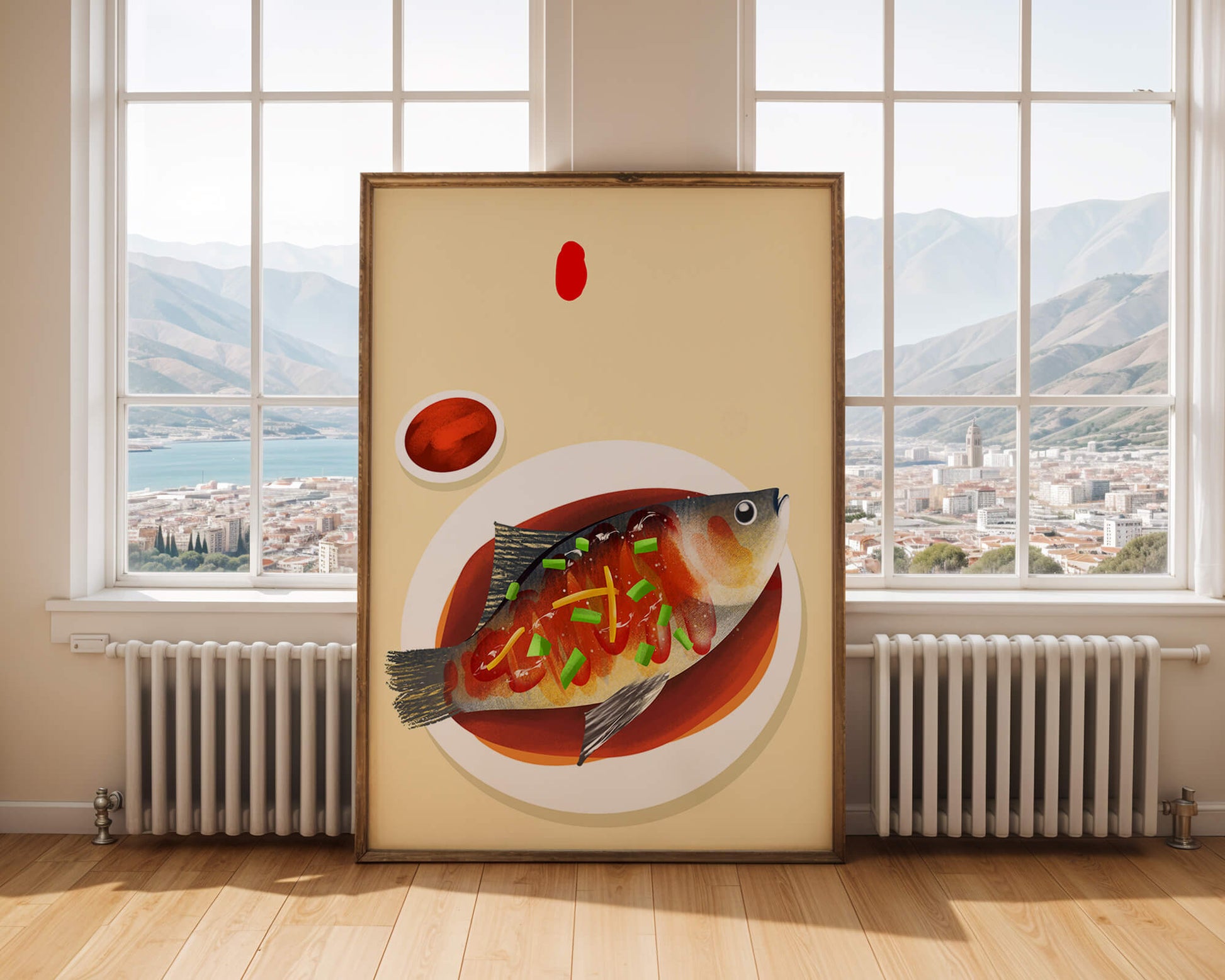 Illustration of a colorful fish dish with garnish