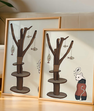 Illustration of a cat tree with a thoughtful cat in a sweater