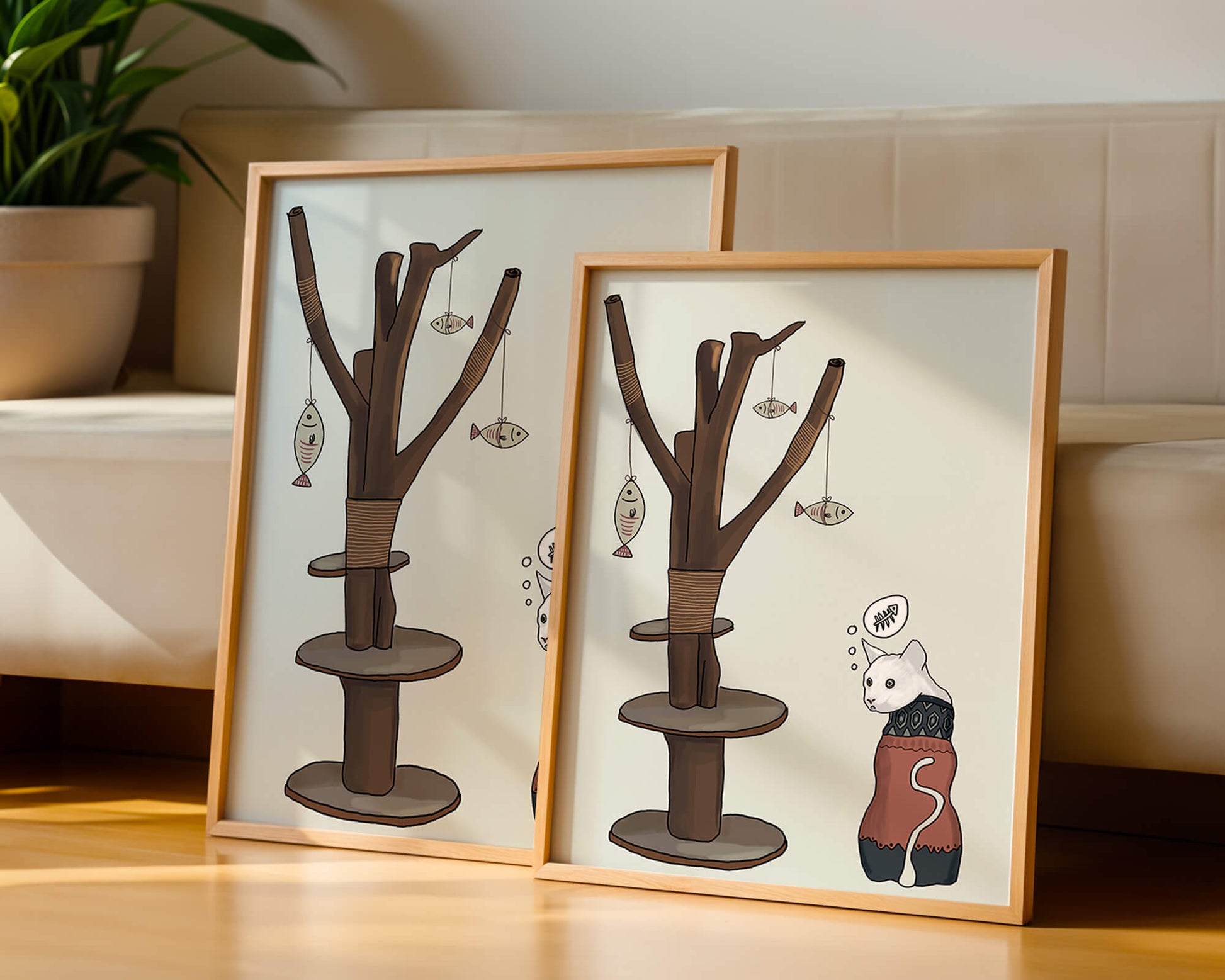 Illustration of a cat tree with a thoughtful cat in a sweater