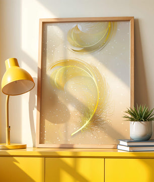 Elegant golden feather design with shimmering background