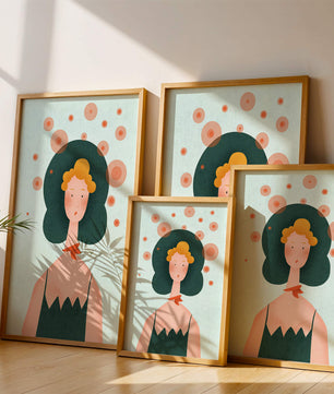 Whimsical Portrait of a Woman with Green Hair and Abstract Circles - Mi tienda