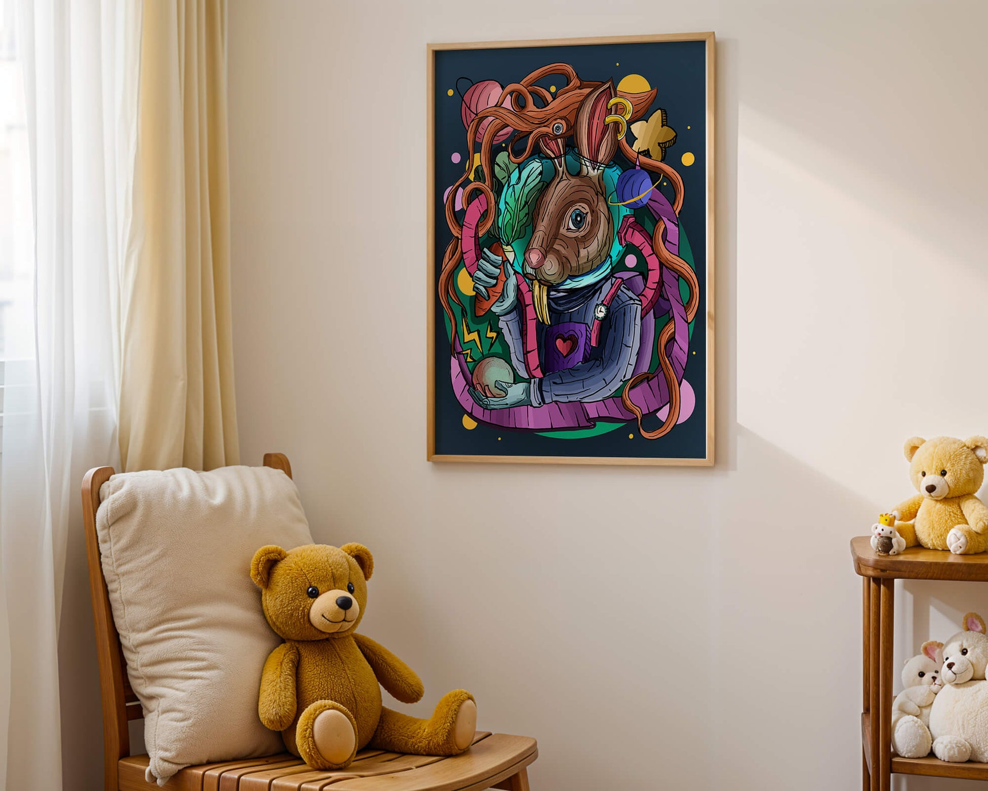 Ilustración abstracta colorida de un conejo en el espacio con pulpo, planetas y zanahoria.