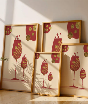 Stylish wine glasses with gold accents and a festive theme