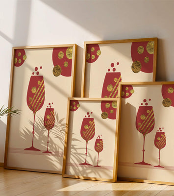Stylish wine glasses with gold accents and a festive theme