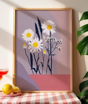 Zarte weiße Gänseblümchen mit gelben Zentren auf modernem Pastell-Hintergrund
