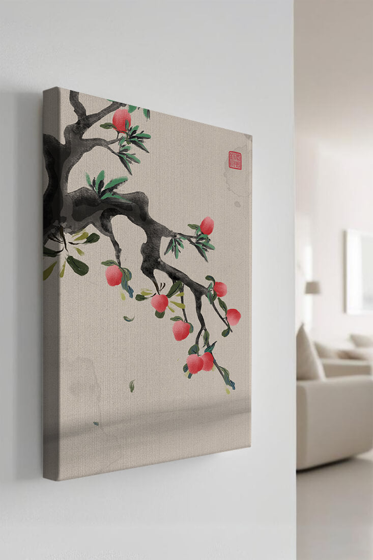 Asian ink painting featuring cherry blossoms on a textured background