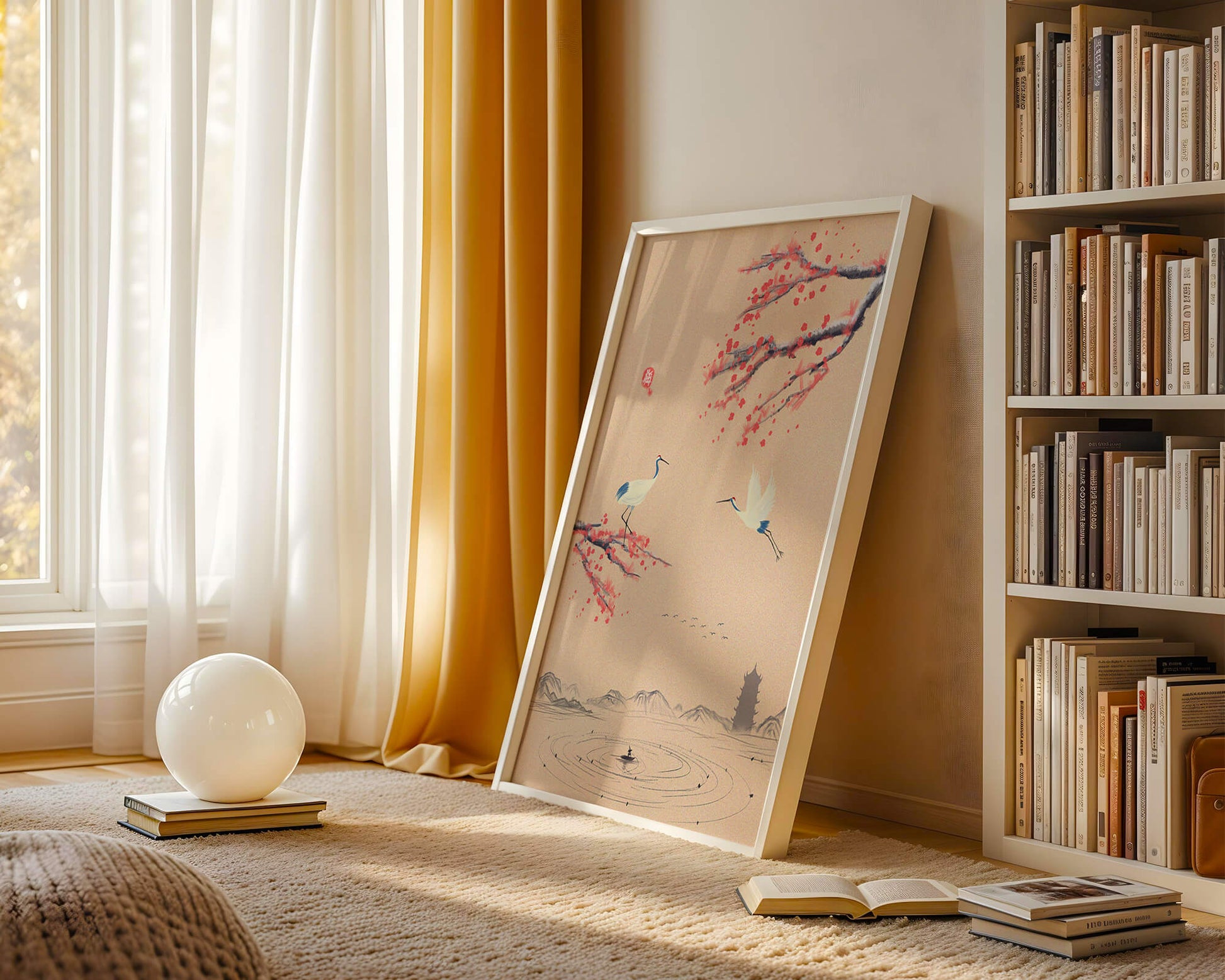 Elegant Asian landscape with cranes and cherry blossom branches