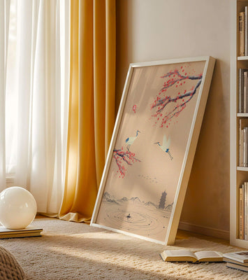 Elegant Asian landscape with cranes and cherry blossom branches