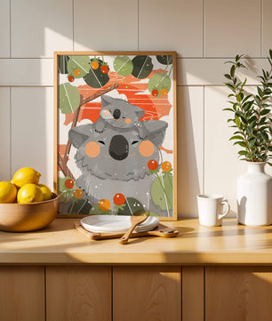 Koalas dans un cadre naturel vibrant aux tons orange et verts