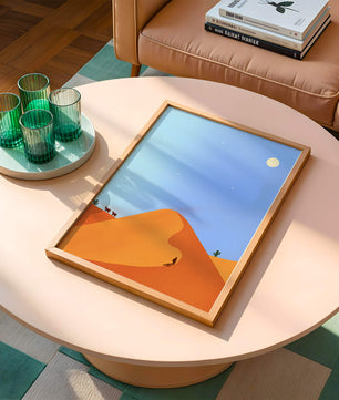 Serene desert landscape with dunes, camels, and a lone traveler under a starry sky