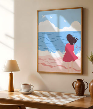 Serene seaside illustration with a girl in a pink dress gazing at the ocean