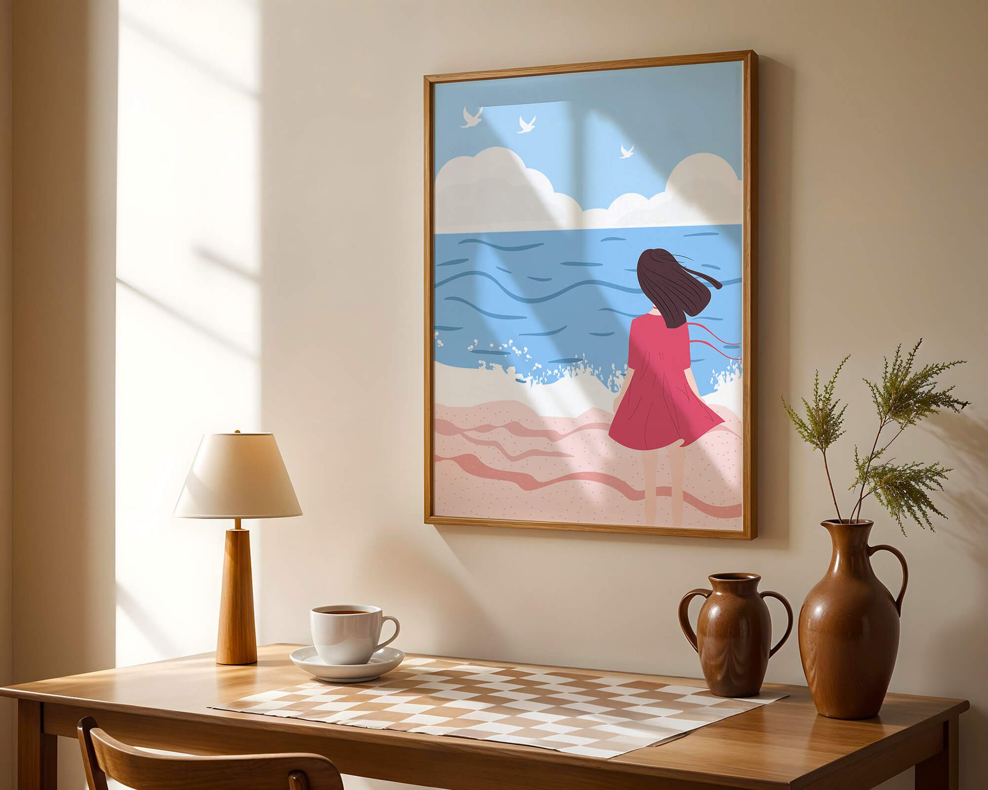 Serene seaside illustration with a girl in a pink dress gazing at the ocean