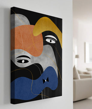 Abstract geometric art with bold colors and gold accents