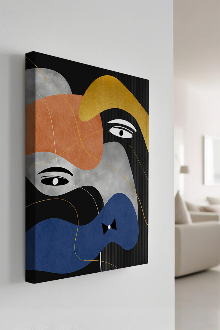 Abstract geometric art with bold colors and gold accents
