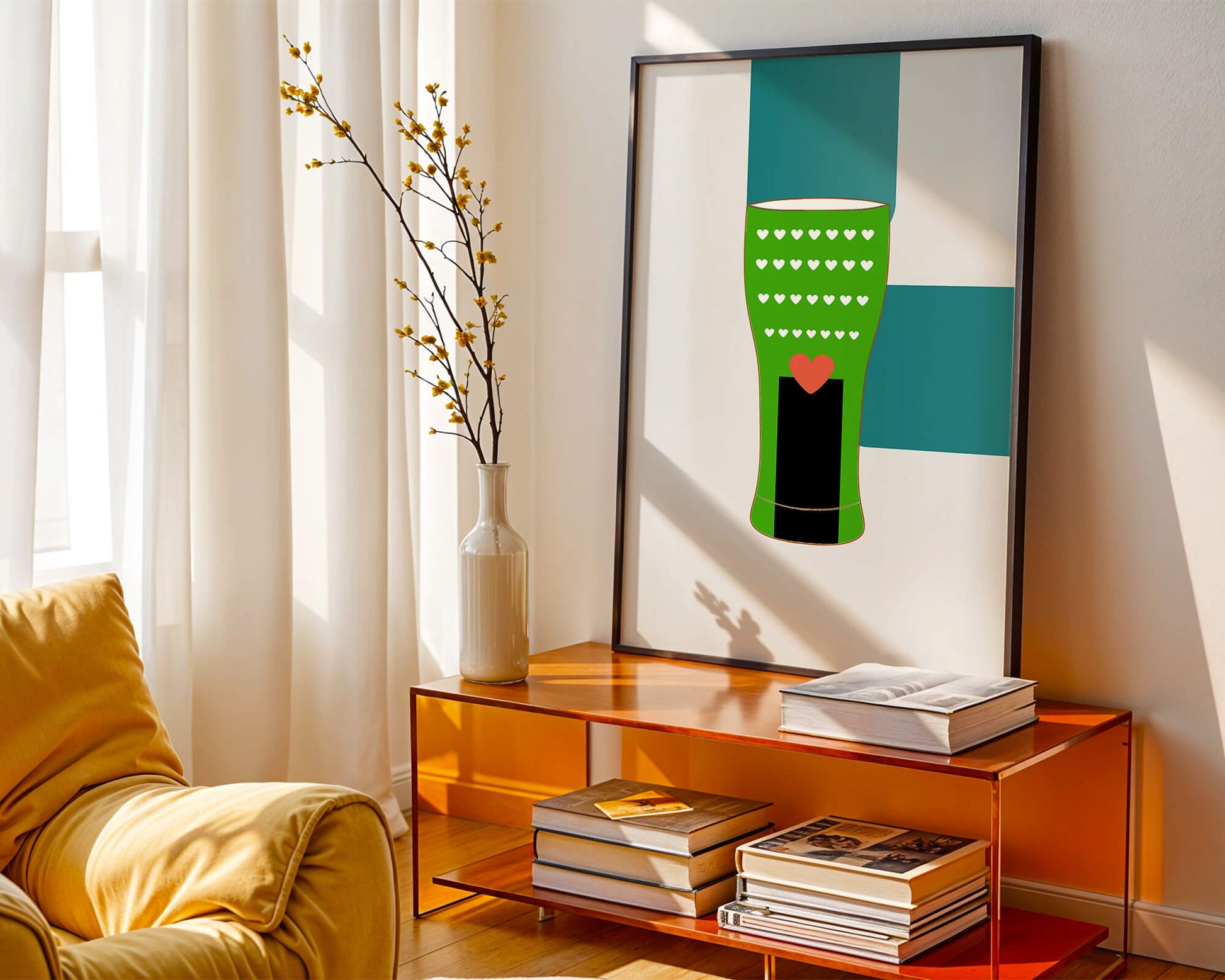 Green vase with heart pattern and minimalistic design