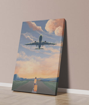 Serene airport departure with airplane and traveler at sunset