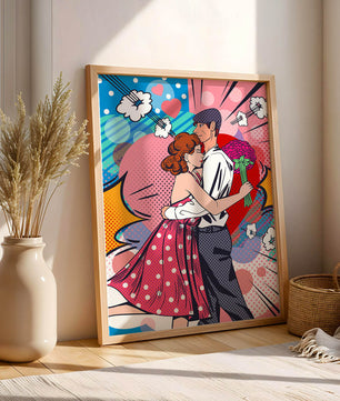Pareja abrazándose en estilo pop art con un fondo colorido