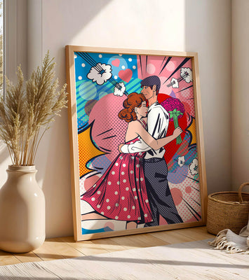 Pop Art Couple Embracing with a Colorful Background