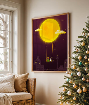 Whimsical night scene with a girl and a rabbit on a swing beneath a glowing moon